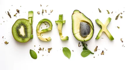 Fotobehang word detox made from green avocado and kiwi on a white background, healthy eating, smoothie, food, fruit, tasty treat, healthy breakfast, weight loss, diet, nutrition © Julia Zarubina