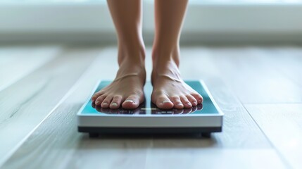 A person is standing on a blue digital bathroom scale, checking their weight on a wooden floor. - obrazy, fototapety, plakaty