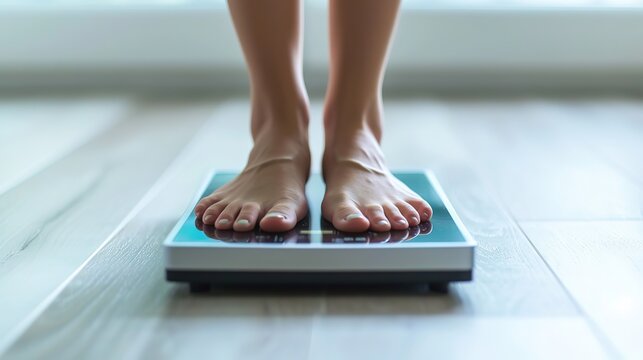A person is standing on a blue digital bathroom scale, checking their weight on a wooden floor.