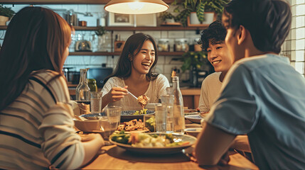 Asian friends together at home have dinner - obrazy, fototapety, plakaty