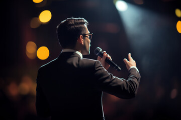 Rear view of motivational speaker in suit standing on stage giving a speech in front of the audience
