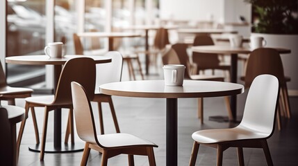 A mockup of a dining tables and chairs in a restaurant.
