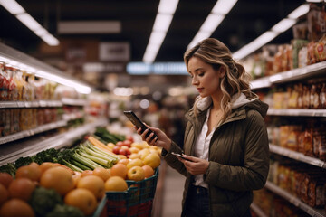 Woman choosing and comparing products in a grocery store, supermarket checking ingredients, prices, nutritional values, conscious shopping. - obrazy, fototapety, plakaty
