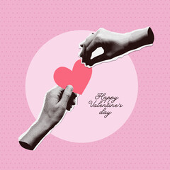 Vintage Art collage design for 14 February with halftone hands holding one heart. Contemporary template for banner, card. Cut out New wave style vector illustration for Valentine's day - obrazy, fototapety, plakaty
