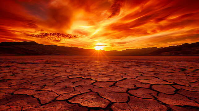 Cracked scorched earth soil drought desert landscape over dramatic sunset. Global warming concept
