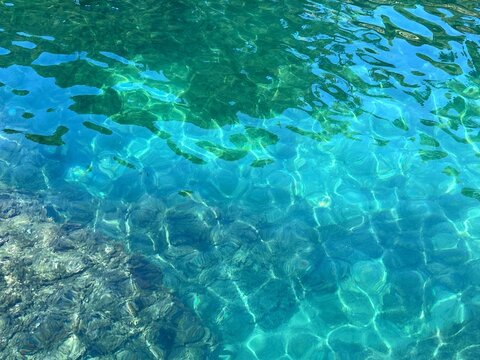 Turquoise blue sea water with algae at the bottom.