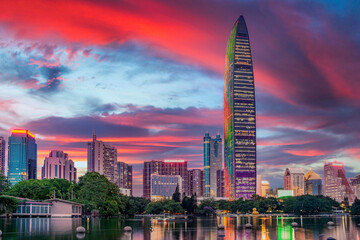 Golden Hour Glow Over Kingkey 100 Skyscraper, Shenzhen Skyline at Dusk, China