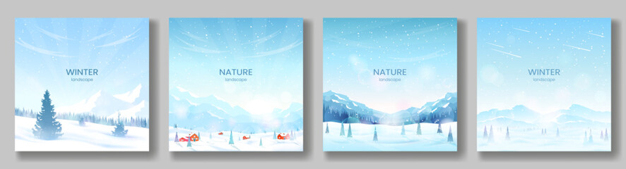 Winter landscapes. Mountain ranges and coniferous forest, fir trees in snowdrifts, clear blue sky, sunny day. The concept of tourism, active recreation in winter, hiking. Vector illustration. - obrazy, fototapety, plakaty