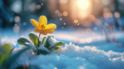 First flowers emerging from melting snow, Sparkling Snow Contrast with Delicate Petals, holiday of the beginning of spring. - obrazy, fototapety, plakaty