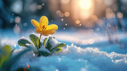 Badkamer foto achterwand First flowers emerging from melting snow, Sparkling Snow Contrast with Delicate Petals, holiday of the beginning of spring. © Татьяна Креминская