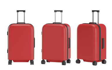 Set of red suitcase for travel with transparent background, 3d travel bag, PNG, Isolated