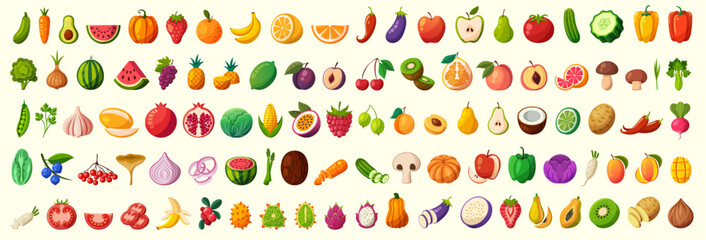 Large set of fruits and vegetables. All kinds of green vegi and fruit for cooking meals. Vegetables and fruits in a juicy cartoon style. A bright element for design. 