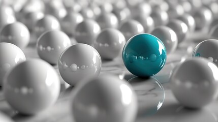 A single blue sphere stands out in a vast array of identical white spheres. - obrazy, fototapety, plakaty