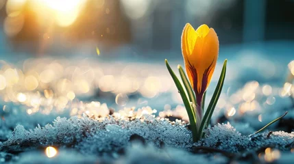 Foto op Canvas First flowers emerging from melting snow, Sparkling Snow Contrast with Delicate Petals, holiday of the beginning of spring. © Татьяна Креминская