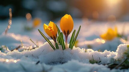 First flowers emerging from melting snow, Sparkling Snow Contrast with Delicate Petals, holiday of...