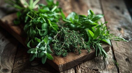 Bunches of different garden fresh herbs on wooden board from above