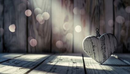 Wooden heart on a wooden background with bokeh. Valentine's Day.