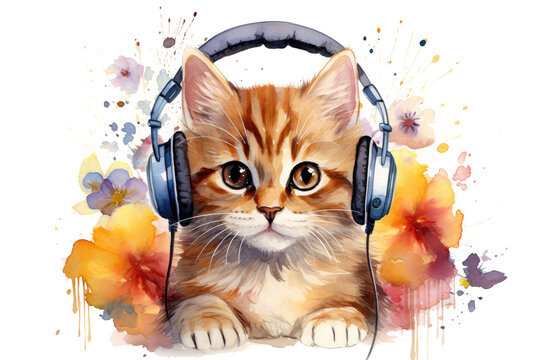 Cute Ginger Kitten With Headphones Listening To Music Isolated On Transparent Background.