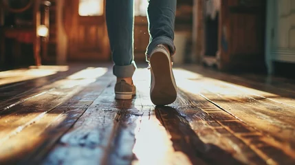 Fotobehang A person is captured mid-step as sunlight pours in, illuminating a wooden, polished floor. © Oleksii