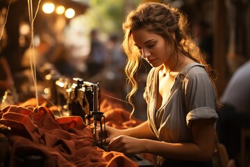 Young beautiful woman enthusiastically engaged in sewing hobby in evening interior background.