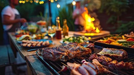 Foto op Plexiglas Dinner party, barbecue and roast pork at night © Sasint
