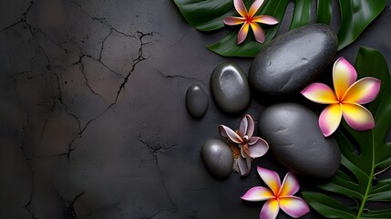 Garbage on stone background with recycling symbols, Beautiful orchids, and stones for spa treatments and relaxation