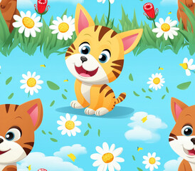 seamless pattern with cats and dogs and flowers
