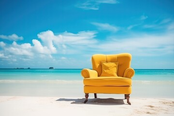 Fototapeta na wymiar A comfortable classic style yellow armchair on the shore of a natural and uncrowded beach on a sunny day with blue sky and turquoise waters