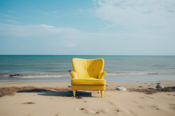 Fototapeta na wymiar A classic-style yellow leather armchair in the center of the image, with its back to the beach, without people on a sunny day with blue sky and calm water