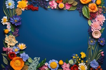 Obraz na płótnie Canvas Frame with colorful flowers on cobalt blue background