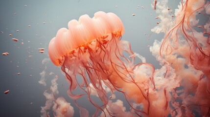 Peach fuzz jellyfish in the deep sea. Weird look od splashes and smoke swimming in the sea deep. - obrazy, fototapety, plakaty