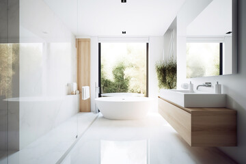 Fototapeta premium Design of a modern bathroom interior, shower cabin with toilet, sink in light colors.