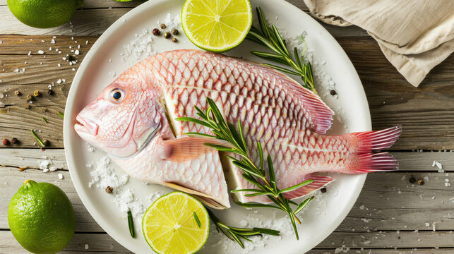 Fresh raw tilapia fish from the tilapia farm, Tilapia with white plate with rosemary lemon lime on wooden background - top view