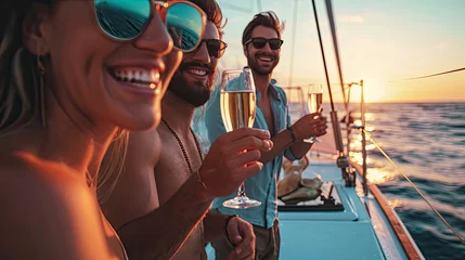 Fotobehang Group of diverse friends drink champagne while having a party in yacht. Attractive young men and women hanging out, celebrating holiday vacation trip while catamaran boat sailing during summer sunset. © Sasint
