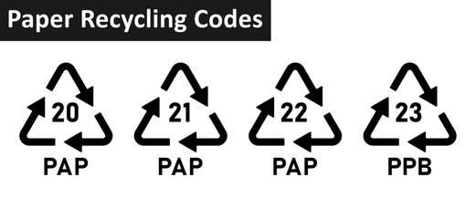 Paper recycling code icon set. Paper cardboard boxes recycling codes 20, 21, 22, 23 for industrial and factory uses. Triangluar pap recycling symbols isolated on white background. - obrazy, fototapety, plakaty