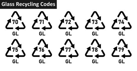 Glass recycling code icon set. Glass and bottle recycling codes 70-79 for factory and industrial products. Triangluar gl/gls recycling symbols isolated on white background. © Graphic Stocks