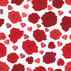 Seamless pattern for Valentine's Day. Bright red roses and small hand-drawn red hearts isolated on a white background. Vector illustration suitable for background, banner, wrapping paper.