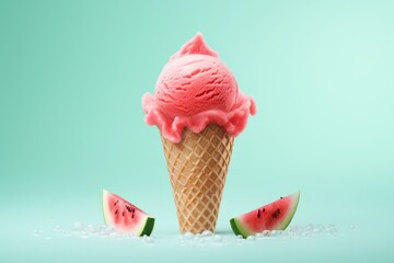Watermelon ice cream in a waffle cone. A sweet refreshing summer dessert.  - obrazy, fototapety, plakaty