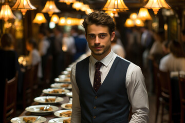 A man waiter standing in front of many tables with clients in restaurant.