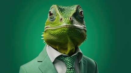 Portrait green serious lizard wear formal suit isolated on green background. AI generated image - obrazy, fototapety, plakaty