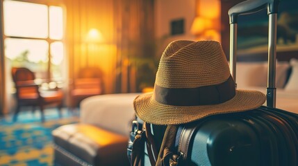 A suitcase with a stylish straw hat is placed in a warmly lit hotel room with elegant furnishings.