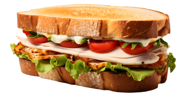 turkey sandwich png, deli classic, sliced turkey, fresh bread, lettuce, tomato, mayonnaise, sandwich clipart, lunchtime favorite, transparent background, culinary illustration