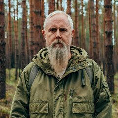 Fototapeta premium person, people, old, face, senior, soldier, military, mature, one, smiling, woman, smile, camouflage, handsome, hair, elderly, army, men, hunter, beard, nature, outdoors, fisherman, looking, guy