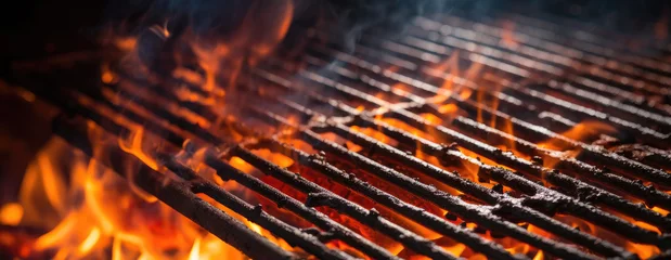 Poster Empty flaming grill grates with open fire, ready for product placement. Background for grilled food with fire. © petrrgoskov