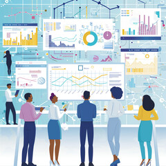 A vibrant contemporary office illustration showcases a diverse group of professionals collaborating amidst digital displays of intricate data analytics. Inclusive and innovative, it symbolizes compreh