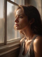 Mental health, Woman in a sad mood and waiting for someone near the window at home