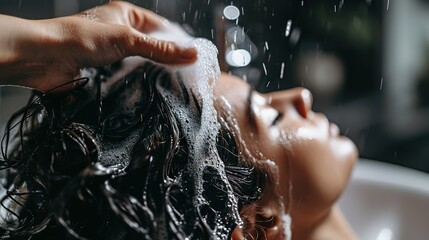 A person is seen with their head back, getting their hair washed with shampoo under a running shower. - obrazy, fototapety, plakaty