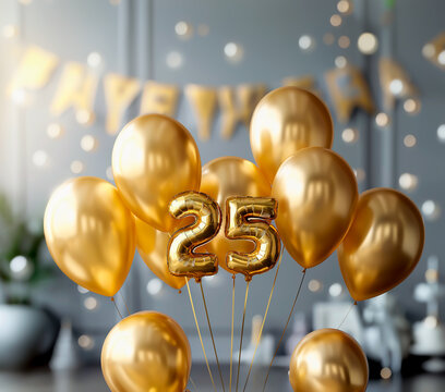 25 spelled in golden celebratory balloons. Anniversary or birthday wallpaper or card. Shallow field of view.	