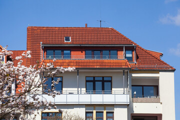 Wohngebäude im Frühling mit Magnolienblüte, Mehrfamilienhaus, Bremen, Deutschland