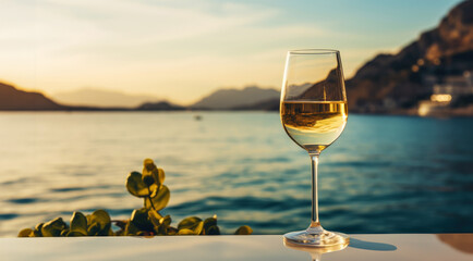 Obraz premium Close-up of a glass of white wine against of sea backdrop. Romantic trip concept. Generative AI